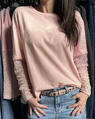 Finta T-shirt pizzo rosa